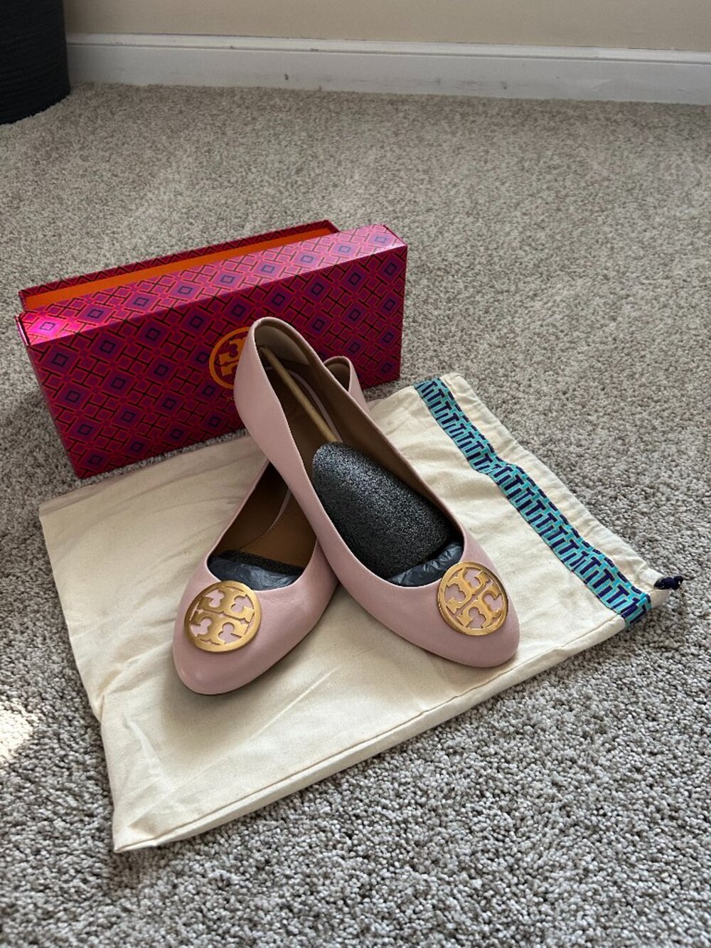 Tory Burch Pink Leather Logo Ballet Flats with Gold Medallion